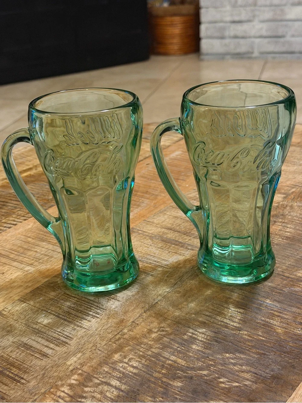 2 Vtg LIBBEY Coca Cola Coke Logo Heavy Green Glass Mugs With Handle Drink ware
